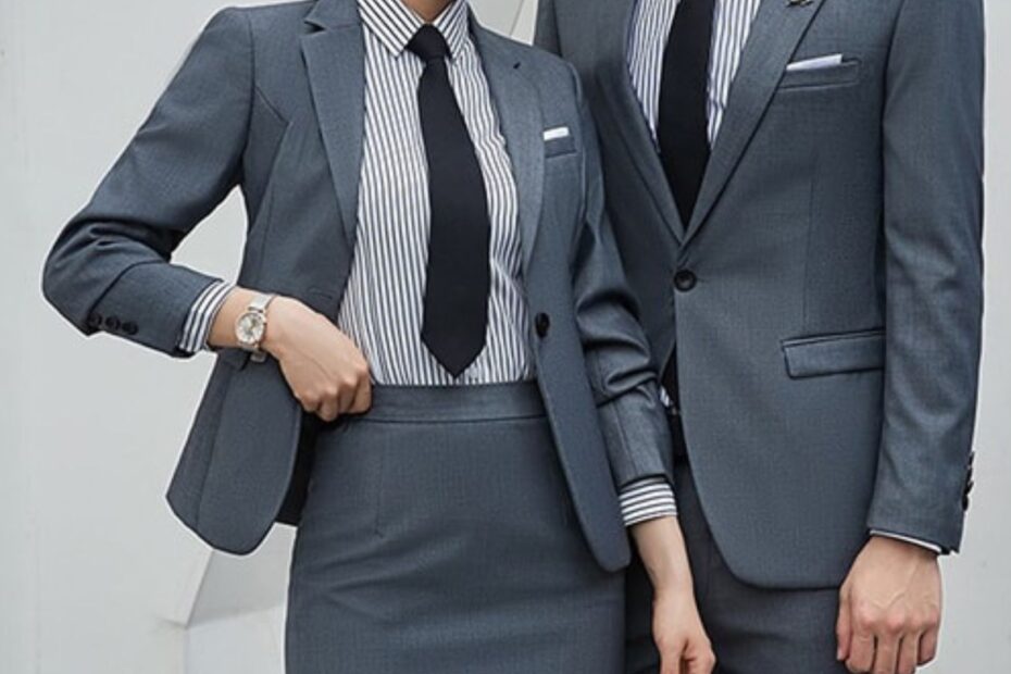 woman and man in grey suits