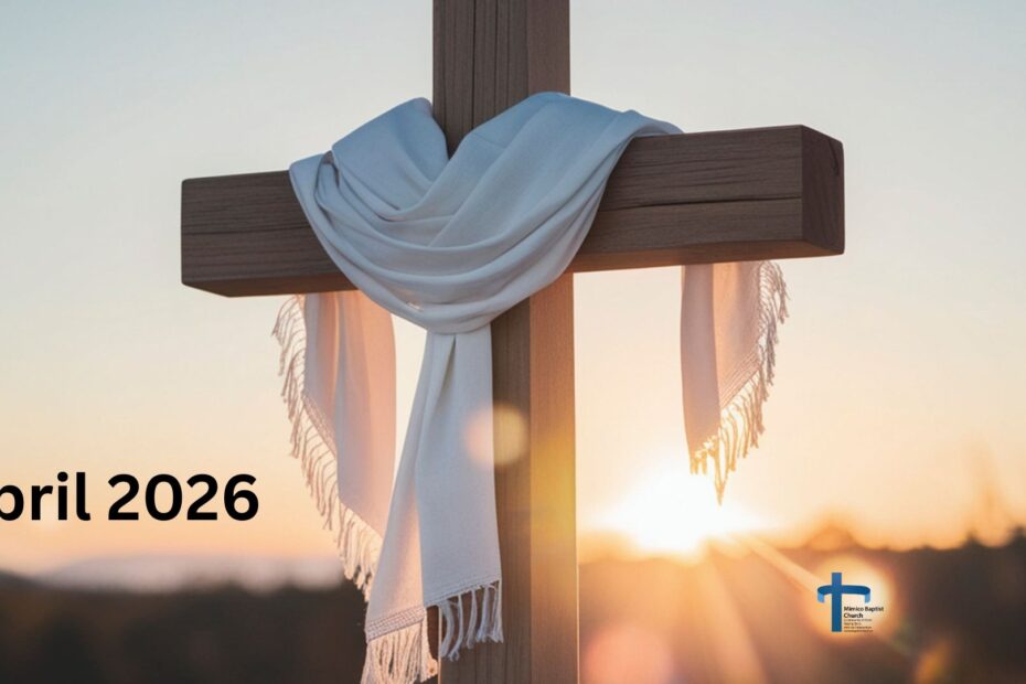 Cross with white shawl in front of sunrise