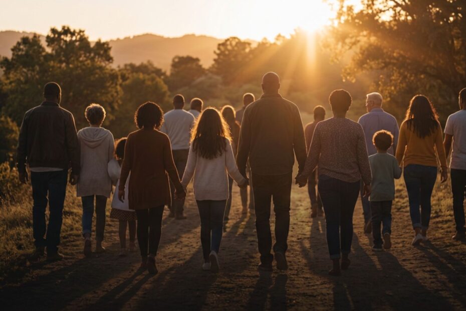 several diverse people facing the horizon